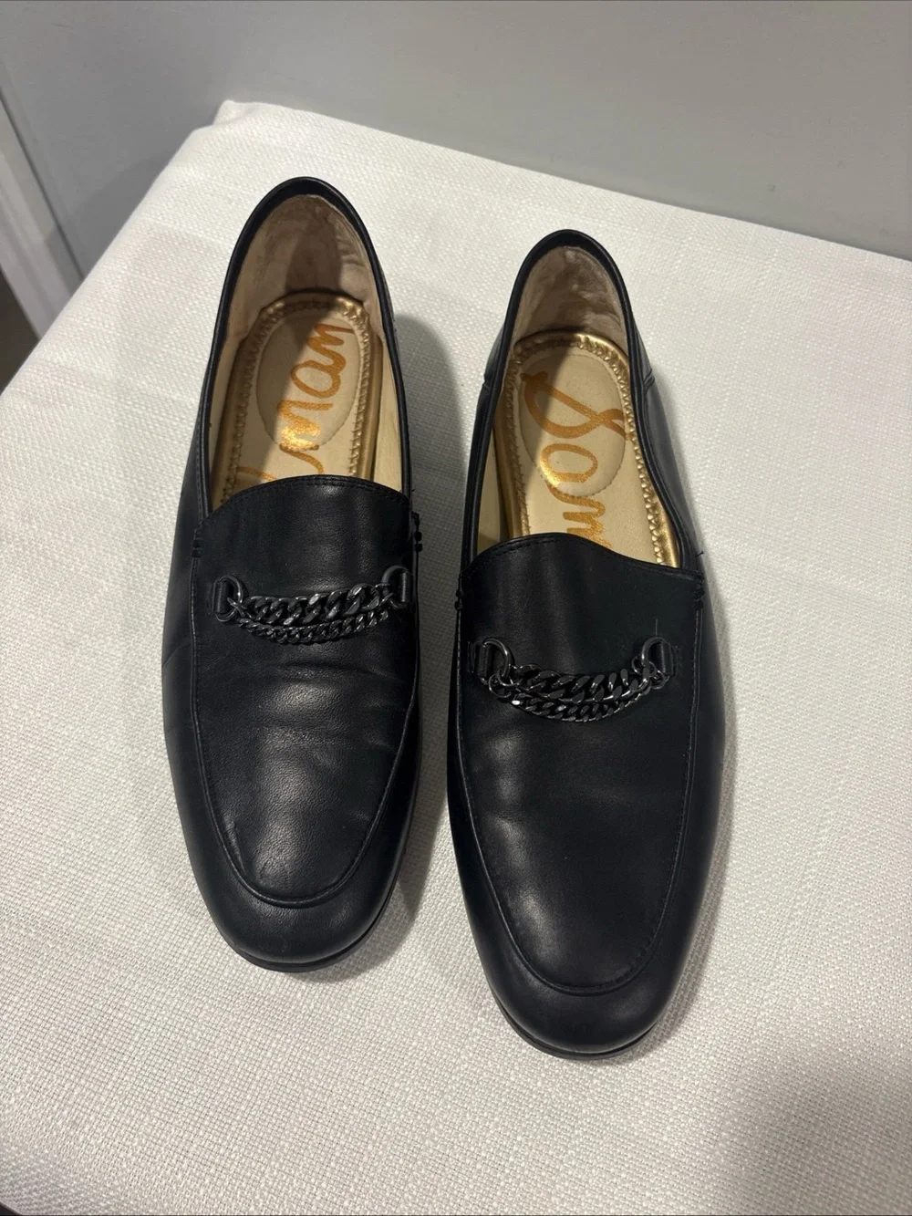 Sam Edelman Black Leather Chain-Trim Slip-On Loafers